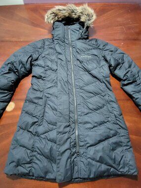 Marmot Strollbridge Down Parka Jacket Black Faux Fur Hood 700 Fill Puffer Large